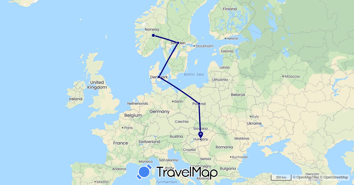TravelMap itinerary: driving in Denmark, Hungary, Norway, Poland, Sweden (Europe)